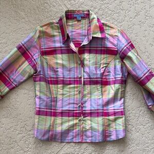 Vibrant Plaid 100% Silk Button Down Shirt for Women